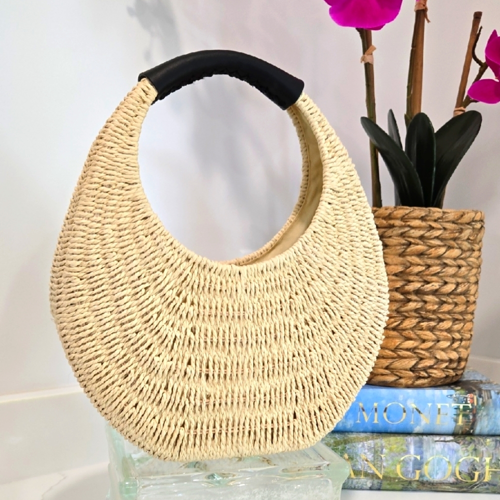 a new day Natural Straw Crescent Shoulder Bag with Black Handle